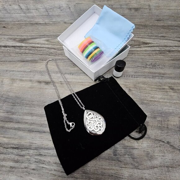 Silver Tone Stainless Steel Teardrop Swirl Essential Oil Pendant Necklace - Picture 4 of 8